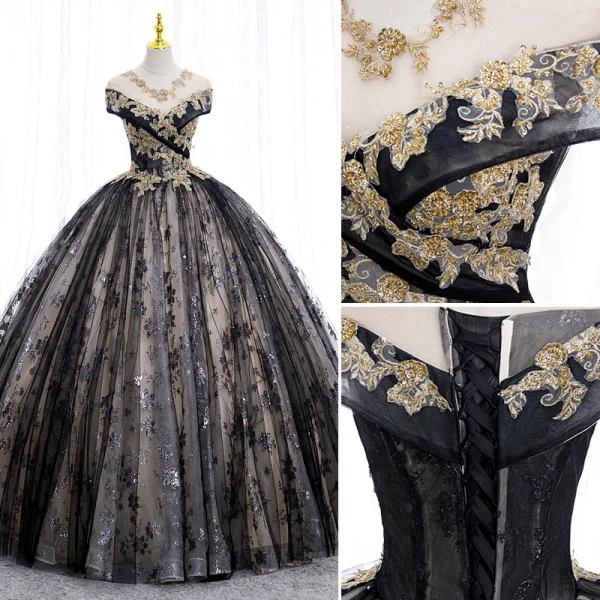 Élégant Noire Perlage Paillettes En Dentelle Fleur Robe De Bal 2022 Robe Boule V-Cou Manches Courtes Dos Nu Longue Promo Robe De Ceremonie