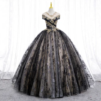 Élégant Noire Perlage Paillettes En Dentelle Fleur Robe De Bal 2022 Robe Boule V Cou Manches Courtes Dos Nu Longue Promo Robe De Ceremonie