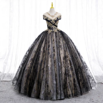 Élégant Noire Perlage Paillettes En Dentelle Fleur Robe De Bal 2022 Robe Boule V Cou Manches Courtes Dos Nu Longue Promo Robe De Ceremonie