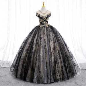 Elegant Black Beading Sequins Lace Flower Prom Dresses 2022 Ball Gown V Neck Short Sleeve Backless Floor Length Long Prom Formal Dresses