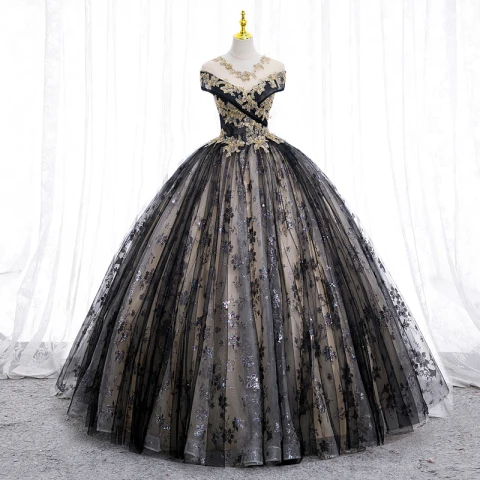 Elegante Schwarz Perlenstickerei Pailletten Spitze Blumen Ballkleider 2022 Ballkleid V-Ausschnitt Kurze Ärmel Rückenfreies Lange Ball Festliche Kleider
