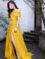 Chic / Beautiful Yellow Chiffon Evening Dresses A-Line / Princess 2023 Strapless Sleeveless Backless Floor-Length / Long Evening Party Formal Dresses