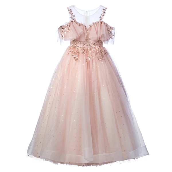 Chic / Beautiful Blushing Pink Beading Sequins Prom Flower Girl Dresses 2022 A-Line / Princess Scoop Neck Short Sleeve Floor-Length / Long Flower Girl Dresses
