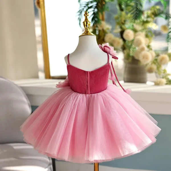 Chic / Beautiful Fuchsia Appliques Birthday Flower Girl Dresses 2025 Ball Gown Spaghetti Straps Sleeveless Backless Floor-Length / Long Flower Girl Dresses