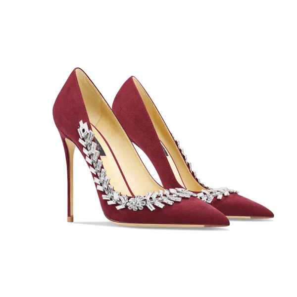 Schöne Burgunderrot Abend Strass Pumps 2024 Leder 10 cm Stilettos Spitzschuh Hochhackige