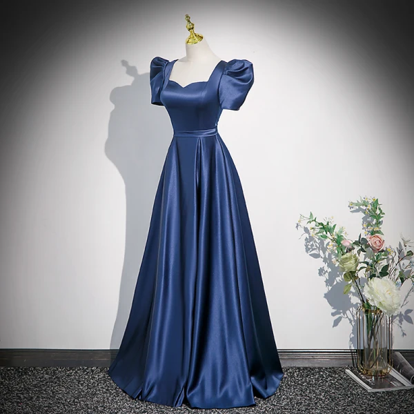 Vintage / Retro Ocean Blue Satin Prom Dresses 2023 A-Line / Princess Square Neckline Puffy Short Sleeve Backless Floor-Length / Long Prom Formal Dresses