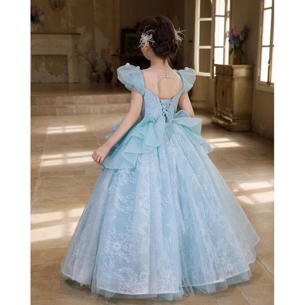 Flower Fairy Sky Blue Appliques Pearl Sequins Birthday Flower Girl Dresses 2025 Ball Gown Scoop Neck Cap Sleeves Backless Floor-Length / Long
