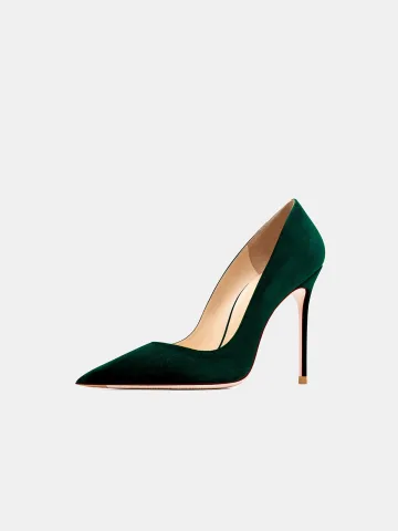 Élégant Vert Foncé Promo Daim Escarpins 2025 Talons Hauts 10 Cm Talons Aiguilles À Bout Pointu Escarpins