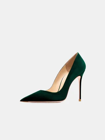 Élégant Vert Foncé Promo Daim Escarpins 2025 Talons Hauts 10 Cm Talons Aiguilles À Bout Pointu Escarpins