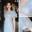 Sparkly Sky Blue Sequins Evening Dresses 2022 A-Line / Princess Scoop Neck Short Sleeve Floor-Length / Long Evening Party Formal Dresses
