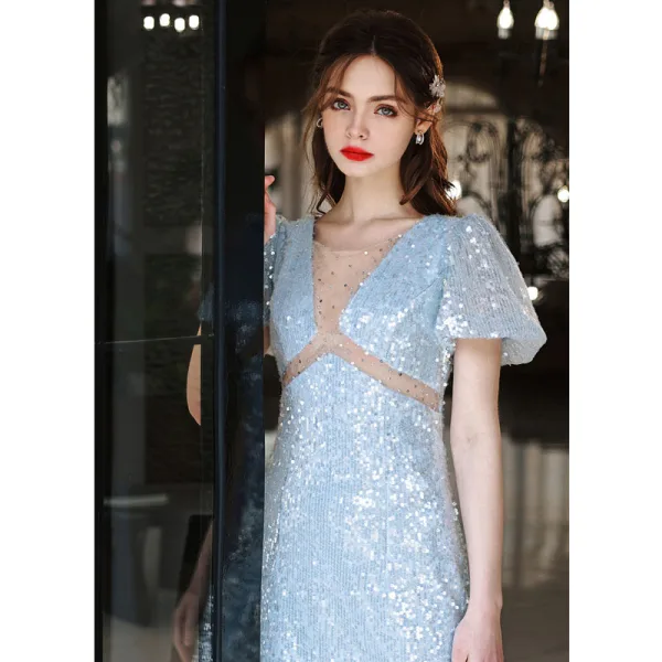 Sparkly Sky Blue Sequins Evening Dresses 2022 A-Line / Princess Scoop Neck Short Sleeve Floor-Length / Long Evening Party Formal Dresses
