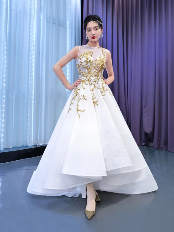 High-end White Pearl Sequins Asymmetrical Wedding Dresses 2022 A-Line / Princess Scoop Neck Sleeveless Wedding