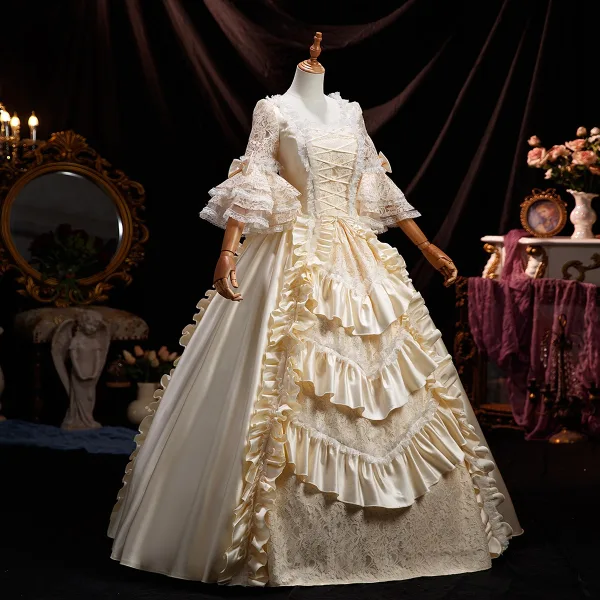 Medieval Vintage / Retro Champagne Lace Flower Ruffle Prom Dresses 2025 Ball Gown Square Neckline Bell sleeves Floor-Length / Long Prom Formal Dresses