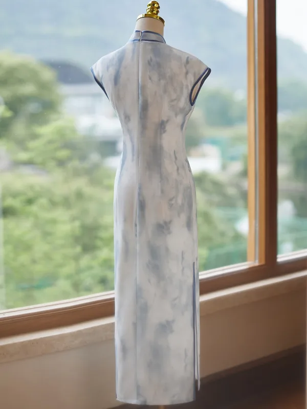 Classy Chinese style Sky Blue Summer Cheongsam 2024 Trumpet / Mermaid High Neck Sleeveless Tea-length