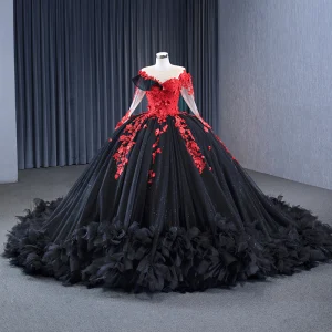 Haut De Gamme Noire En Dentelle Fleur Perlage Paillettes Appliques Tribunal Train Robe De Bal 2024 Robe Boule Encolure Dégagée Manches Longues Promo Robe De Ceremonie