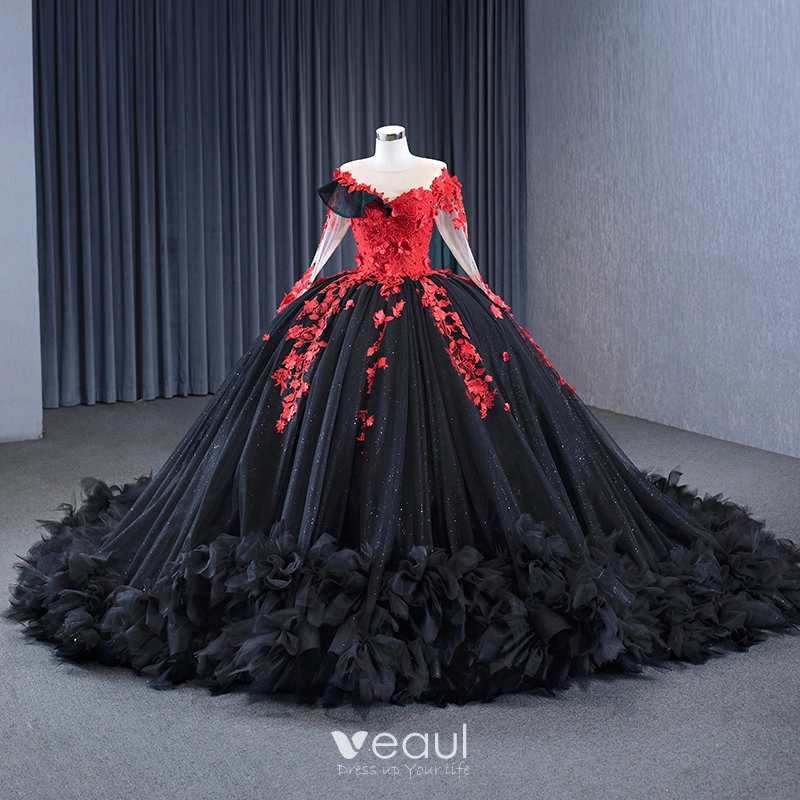 Red Long Sleeve V Neck Beading Flower Tulle Prom Formal Dress