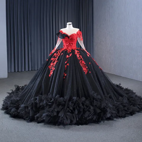 High-end Black Lace Flower Beading Sequins Appliques Court Train Prom ...