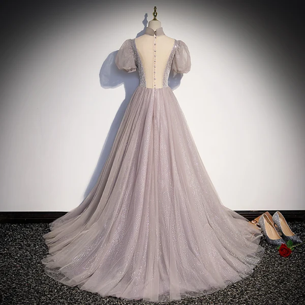 Chic / Beautiful Grey Prom Dresses 2022 A-Line / Princess U-Neck Puffy Short Sleeve Sequins Floor-Length / Long Formal Dresses