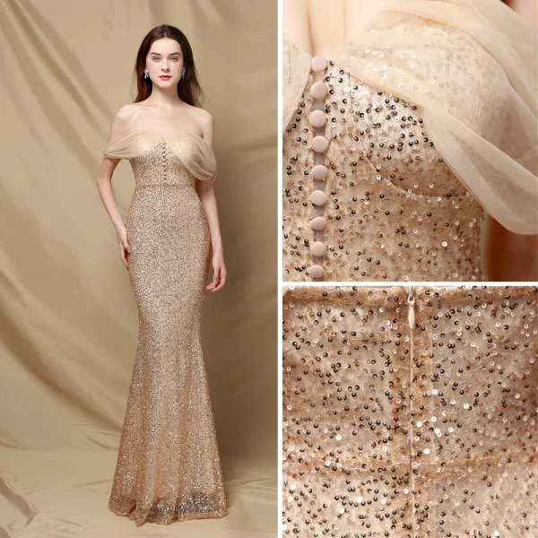 Charming Gold Sequins Evening Dresses 2022 Trumpet / Mermaid Off-The-Shoulder Sleeveless Backless Floor-Length / Long Evening Party Formal Dresses