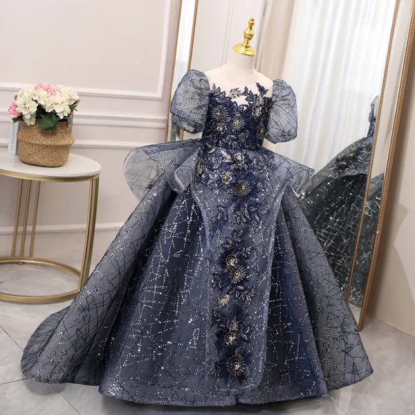 Vintage / Retro Navy Blue Beading Rhinestone Sequins Birthday Flower Girl Dresses 2022 Ball Gown Scoop Neck Puffy Short Sleeve Backless Floor-Length / Long Flower Girl Dresses
