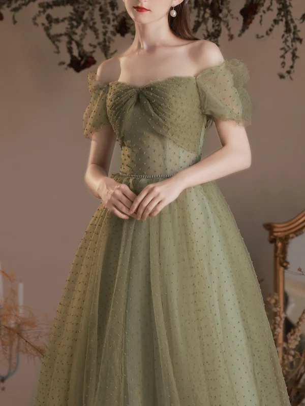 Modest / Simple Clover Green Spotted Prom Dresses 2023 A-Line / Princess Square Neckline Short Sleeve Backless Floor-Length / Long Prom Formal Dresses