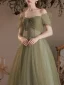 Modest / Simple Clover Green Spotted Prom Dresses 2023 A-Line / Princess Square Neckline Short Sleeve Backless Floor-Length / Long Prom Formal Dresses