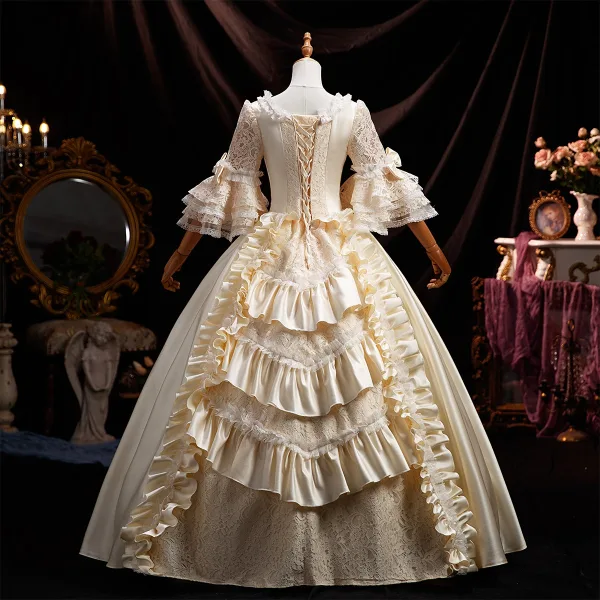 Medieval Vintage / Retro Champagne Lace Flower Ruffle Prom Dresses 2025 Ball Gown Square Neckline Bell sleeves Floor-Length / Long Prom Formal Dresses