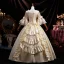 Medieval Vintage / Retro Champagne Lace Flower Ruffle Prom Dresses 2025 Ball Gown Square Neckline Bell sleeves Floor-Length / Long Prom Formal Dresses