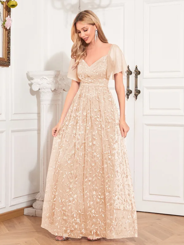 Elegant Blushing Pink Lace Flower Prom Dresses 2024 A-Line / Princess Square Neckline Short Sleeve Backless Floor-Length / Long Prom Formal Dresses