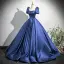Vintage / Originale Bleu Marine Satin Robe De Bal 2025 Robe Boule Encolure Carrée Manches Courtes Dos Nu Noeud Train De Balayage Promo Robe De Ceremonie