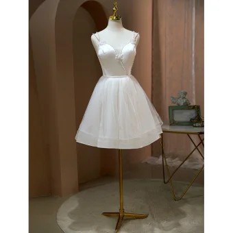 Sexy Nude Pearl Short Party Dresses 2022 A Line Princess Spaghetti Straps Sleeveless Backless Party Dresses