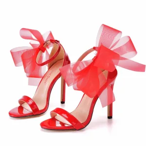 Sexy Rouge Soirée Été Sandales Femme 2023 Bride Cheville Noeud 11 Cm Talons Aiguilles Peep Toes Bout Ouvert Sandales Talons Hauts
