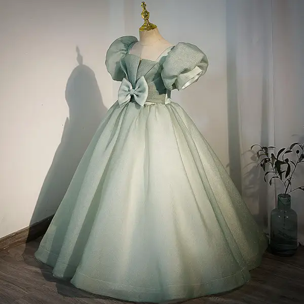 Chic / Beautiful Sage Green Sequins Birthday Flower Girl Dresses 2022 Ball Gown Square Neckline Bow Puffy Short Sleeve Backless Floor-Length / Long Flower Girl Dresses
