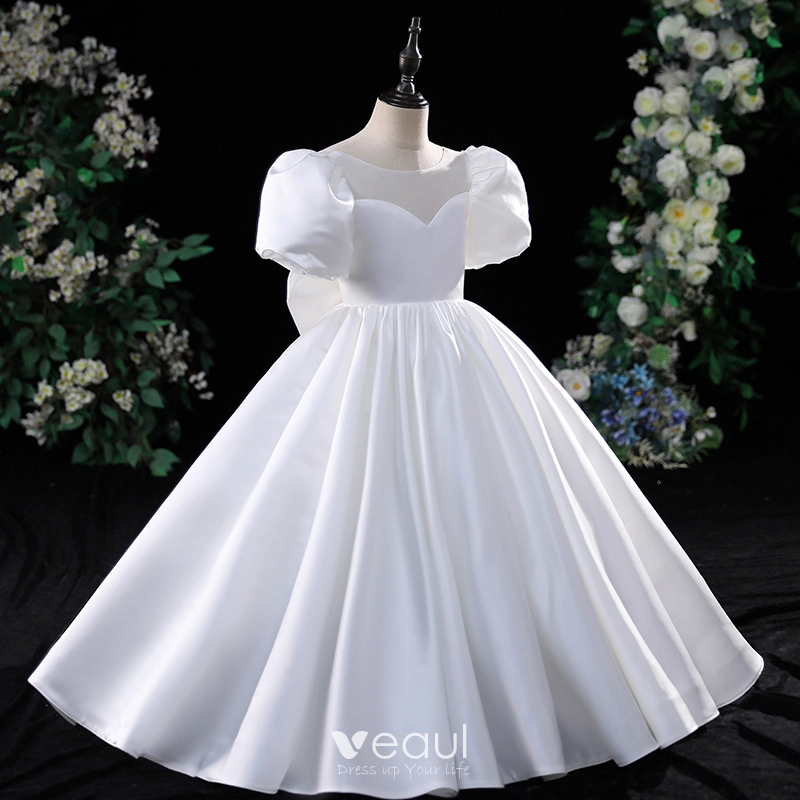 Modest / Simple White Birthday Flower Girl Dresses 2024 Ball Gown Scoop Neck Puffy Short Sleeve Backless Bow Floor-Length / Long Modest / Simple White Birthday Flower Girl Dresses 2024 Ball Gown Scoop Neck Puffy Short Sleeve Backless Bow Floor-Length / Long