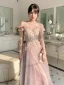 Chic / Beautiful Blushing Pink Lace Flower Bridesmaid Dresses 2023 A-Line / Princess Short Sleeve Backless Floor-Length / Long Bridesmaid Dresses
