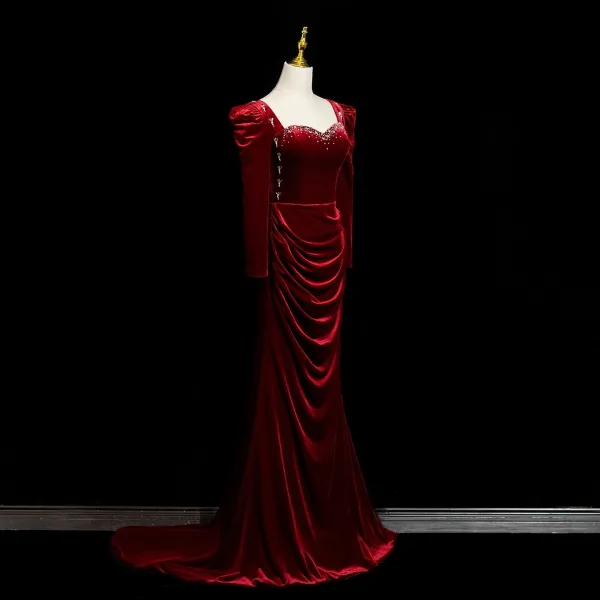 Vintage / Retro Burgundy Rhinestone Velvet Prom Dresses 2025 Trumpet / Mermaid Spaghetti Straps Long Sleeve Backless Sweep Train Formal Dresses
