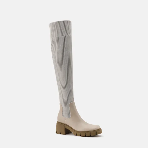 Fashion Beige Street Wear Winter Knitting Womens Boots 2023 6 cm Thick Heels Round Toe Boots