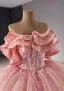 Flower Fairy Luxury / Gorgeous Blushing Pink Pearl Lace Flower Prom Dresses 2024 Ball Gown Off-The-Shoulder Short Sleeve Backless Chapel Train Prom Formal Dresses