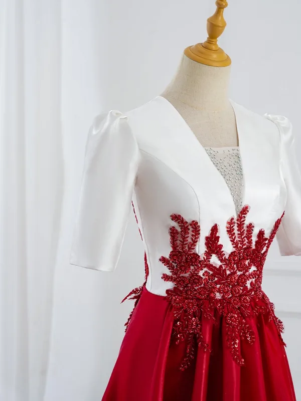 Demure Red Beading Sequins Prom Dresses 2025 Ball Gown V-Neck Short Sleeve Floor-Length / Long Prom Formal Dresses