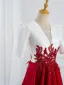 Demure Red Beading Sequins Prom Dresses 2025 Ball Gown V-Neck Short Sleeve Floor-Length / Long Prom Formal Dresses