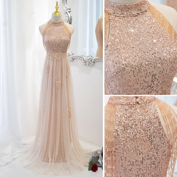 Charming Champagne Sequins Evening Dresses 2022 A-Line / Princess Scoop Neck Beading Tassel Lace Flower Sleeveless Sweep Train Formal Dresses