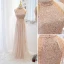 Charming Champagne Sequins Evening Dresses 2022 A-Line / Princess Scoop Neck Beading Tassel Lace Flower Sleeveless Sweep Train Formal Dresses