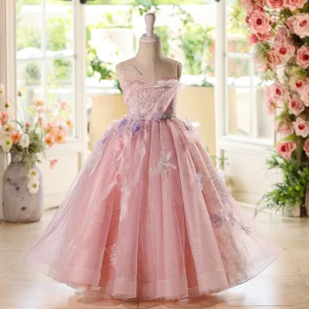 Chic Belle Rougissant Rose Appliques En Dentelle Fleur Anniversaire Robe Ceremonie Fille 2025 Robe Boule Encolure Dégagée Sans Manches Dos Nu Longue