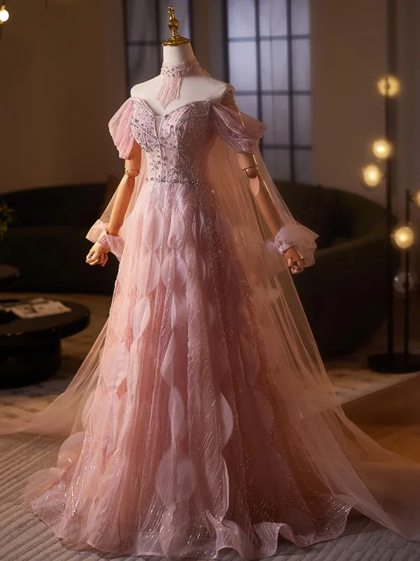 Luxus / Herrlich Rosa Handgefertigt Perlenstickerei Pailletten Strass Ballkleider 2025 A Linie Off Shoulder Kurze Ärmel Sweep / Pinsel Zug Ball Festliche Kleider