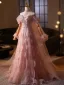 Luxus / Herrlich Rosa Handgefertigt Perlenstickerei Pailletten Strass Ballkleider 2025 A Linie Off Shoulder Kurze Ärmel Sweep / Pinsel Zug Ball Festliche Kleider