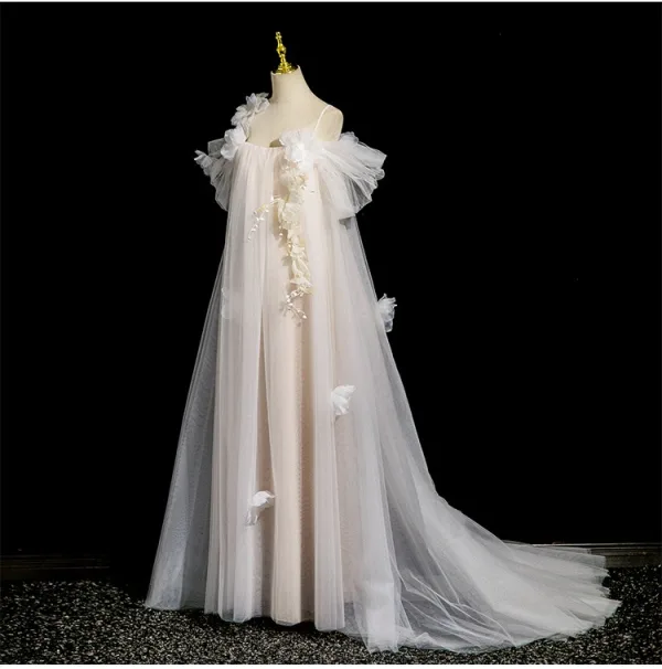 Charmant Blanche Appliques Robe De Bal 2025 Princesse Bretelles Spaghetti Manches Courtes Dos Nu Longue Robe De Ceremonie