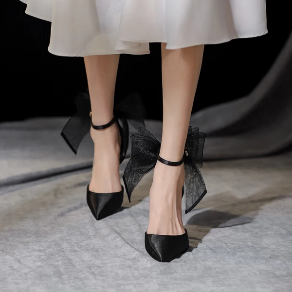 Fashion Black Evening Party Bow Womens Shoes 2022 10 cm Stiletto Heels Ankle Strap Pointed Toe Womens Shoes High Heels