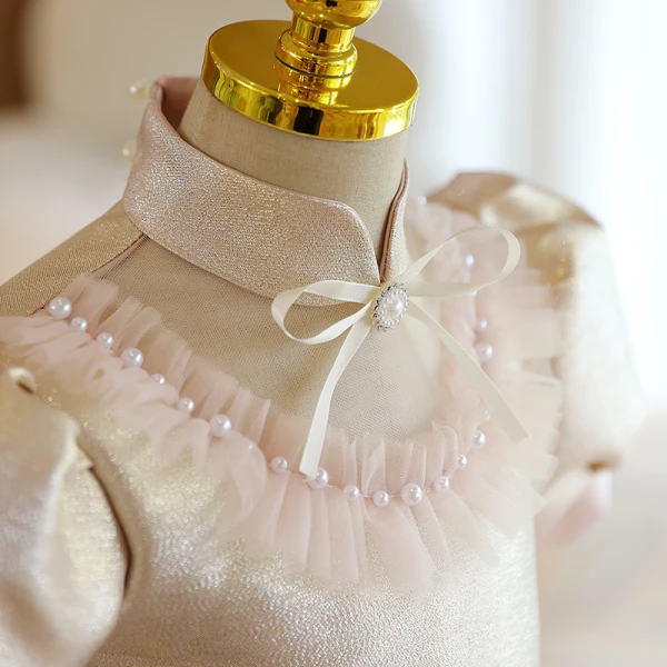 Chic / Beautiful Sky Blue Glitter Short Flower Girl Dresses 2022 A-Line / Princess Scoop Neck Pearl Short Sleeve Birthday Flower Girl Dresses