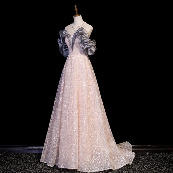 High-end Charming Blushing Pink Beading Sequins Prom Dresses 2023 A-Line / Princess Scoop Neck Sleeveless Backless Floor-Length / Long Formal Dresses
