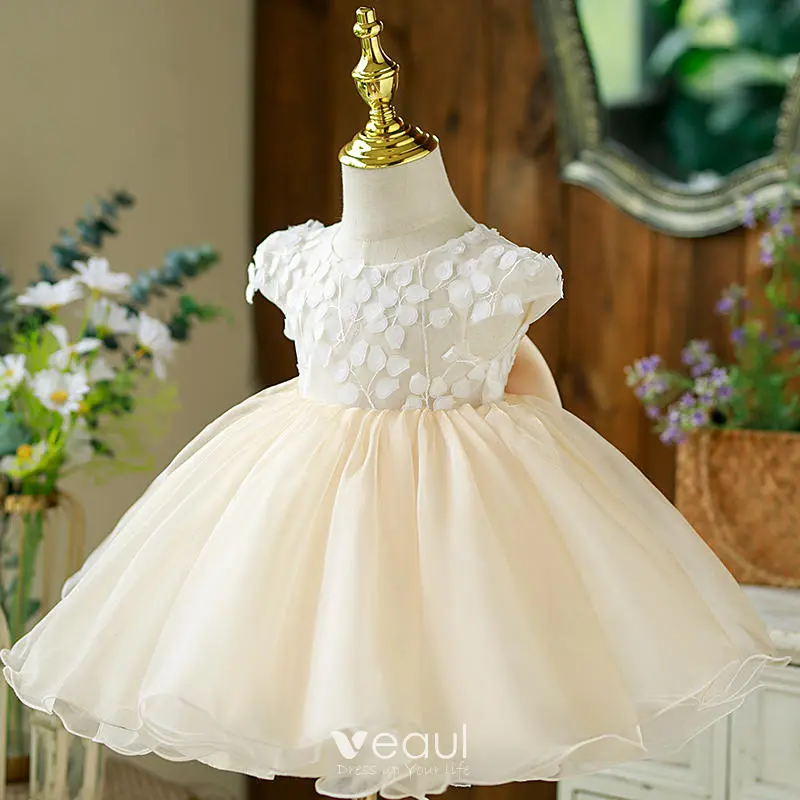 Chic Beautiful Beige Appliques Birthday Flower Girl Dresses 2022 Ball Gown Scoop Neck